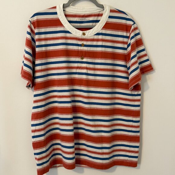 L.L. Bean Signature Men's Large‎ Striped Henley Shirt Red White Blue 100% Cotton - Picture 1 of 6